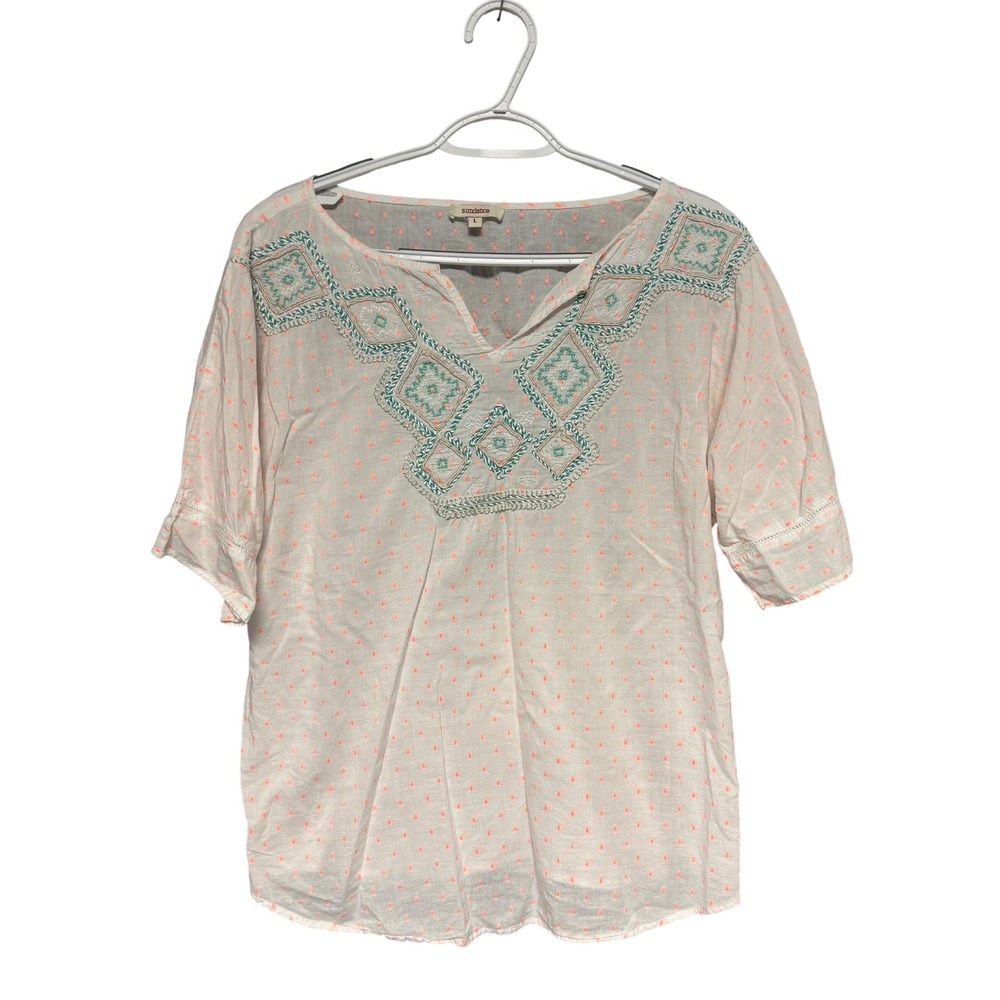 Sundance Women White Neon Orange Dobby Dot Embroidered Split Neck Blouse Large
